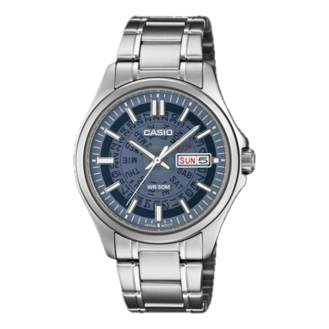 Casio’nun lacivert renkli MTP-E740-2A1V modeli, altındaki gün ve tarih çarklarını gösteren yarı saydam bir kadrana sahiptir.