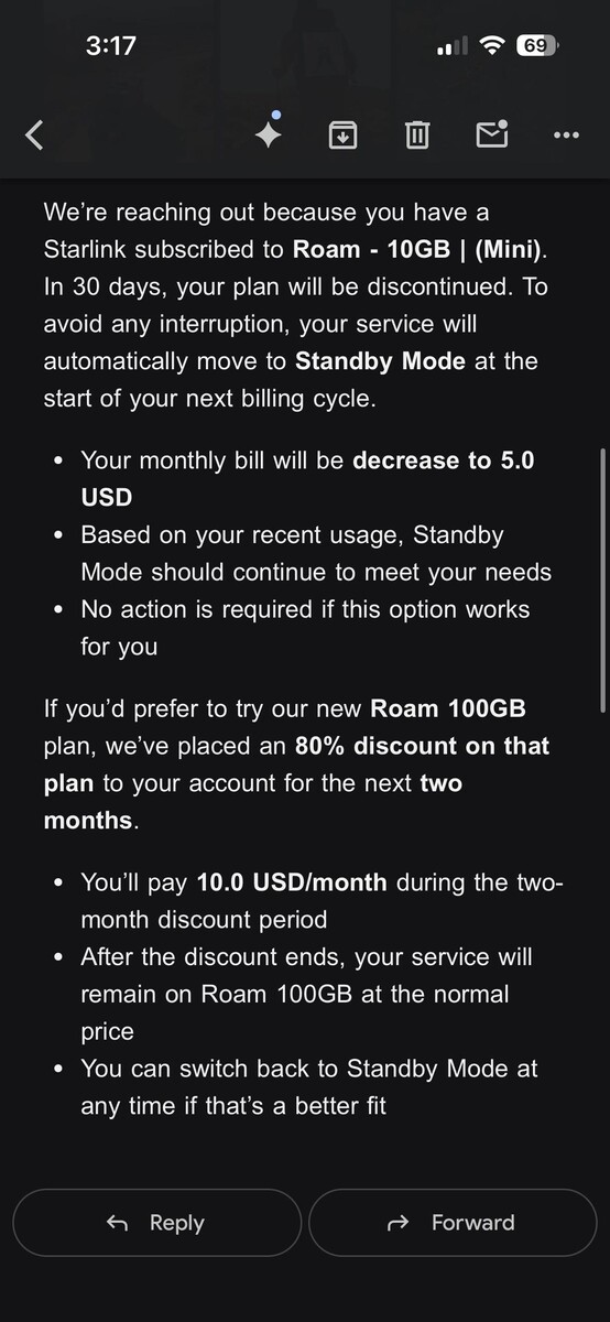 Starlink 10$'lık Roam planını Bekleme Moduna dönüştürecek. (Resim kaynağı: silvertricl0ps/Reddit)