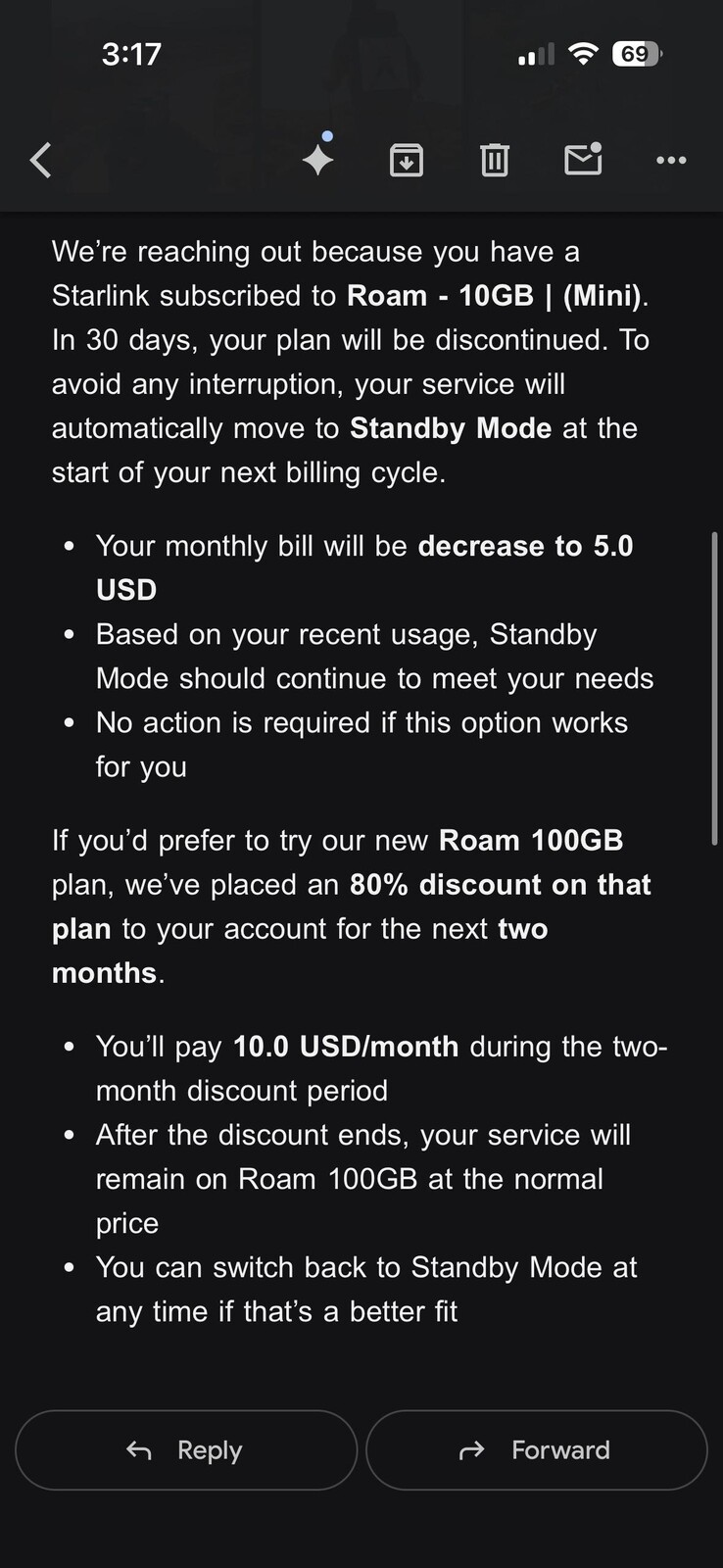 Starlink 10$'lık Roam planını Bekleme Moduna dönüştürecek. (Resim kaynağı: silvertricl0ps/Reddit)