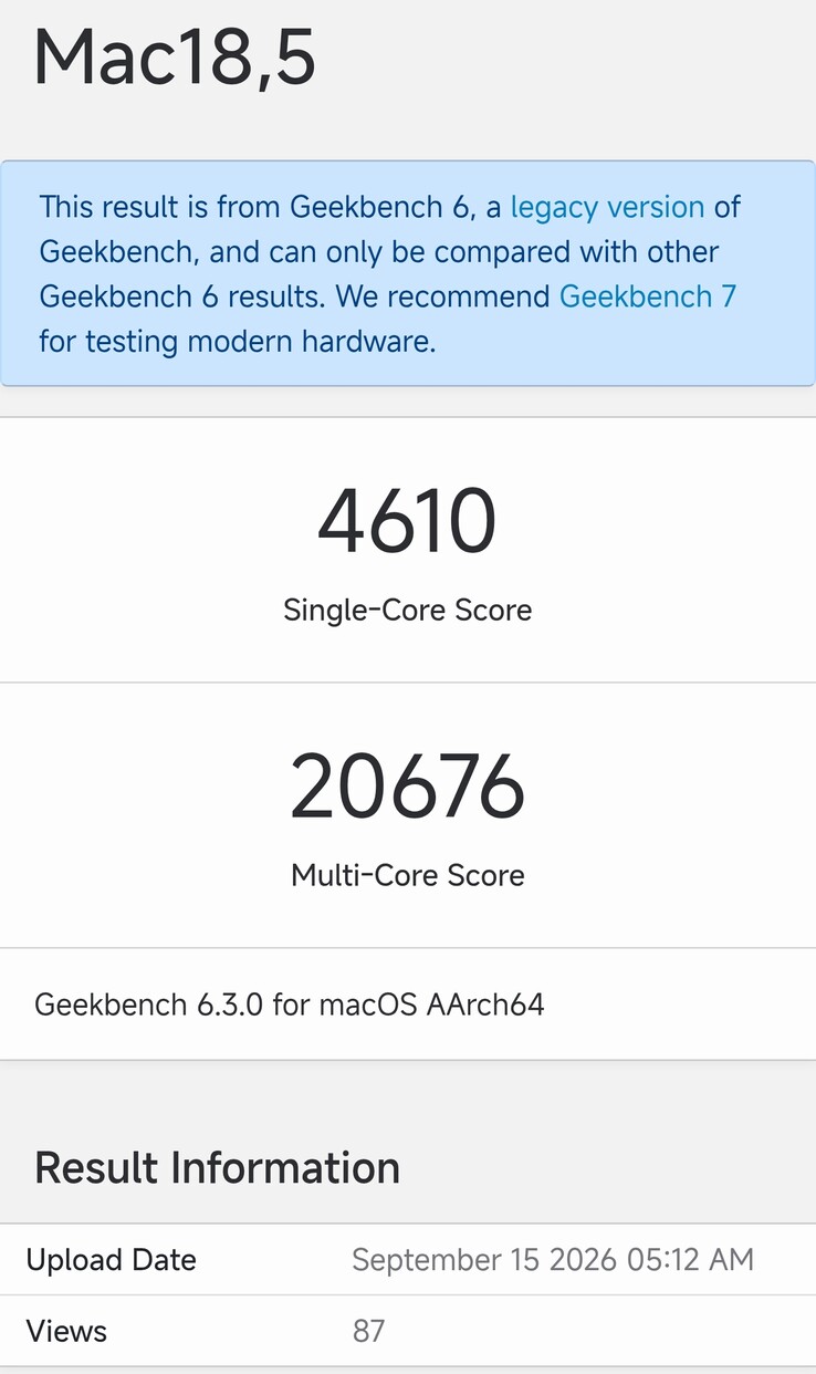 Mac mini M6'nın Geekbench 6.3 listesi