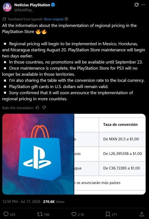 Latin Amerika PlayStation Store fiyatlandırma duyurusunun çevirisi aşağıda gösterilmiştir