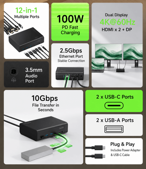 Belkin 12'si 1 arada dock'un öne çıkan özellikleri (makine çevirisi)