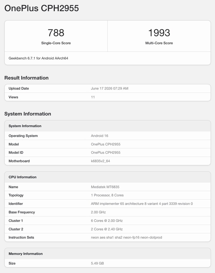 OnePlus N6’nın Geekbench’te yer aldığı iddia edilen giriş.
