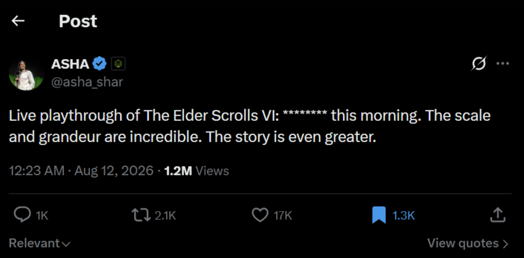 Asha Sharma, The Elder Scrolls VI'yı oynamıştır.