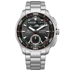 Citizen Promaster Wave Tracker JV3001-53E'nin paslanmaz çelik bilezikli, siyah çerçeveli ve hibrit analog-dijital yat saati kadranlı ön yüz ürün görseli.