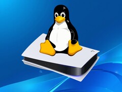 PS5 konsolunun üzerinde gösterilen Tux Linux logosu