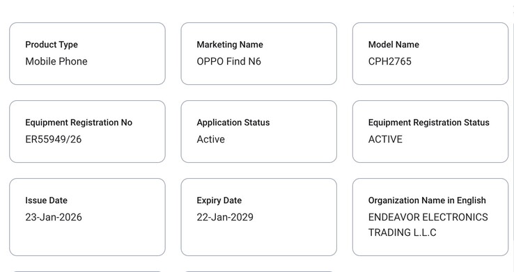 Oppo Find N6 TDRA'da görünüyor. (Görsel kaynağı: TDRA)