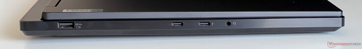 Sol: USB-A 3.2 Gen.1 (5 Gbit/s), USB-C 3.2 Gen.2 (10 Gbit/s, DisplayPort ALT modu 1.4, Power Delivery 3.0), Thunderbolt 4 ile USB-C 4.0 (40 GBit/s, DisplayPort Alt modu 1.4, Power Delivery 3.0), 3,5 mm ses girişi