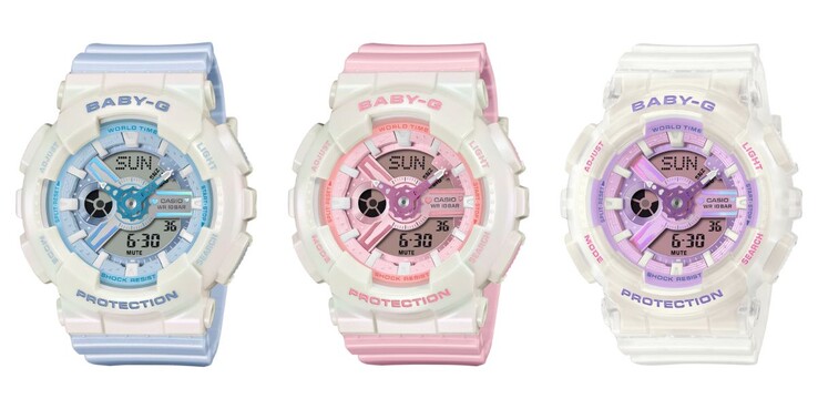 Soldan sağa: Casio Baby-G BA-110PD-2A, BA-110PD-4A ve BA-110PS-7A saatleri