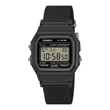 Siyah kasalı ve siyah dokuma kumaş kayışlı Casio F-91WF-1A dijital saat.