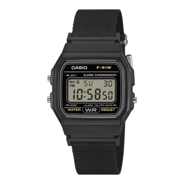 Siyah kumaş kayışlı Casio F-91WF-1A.