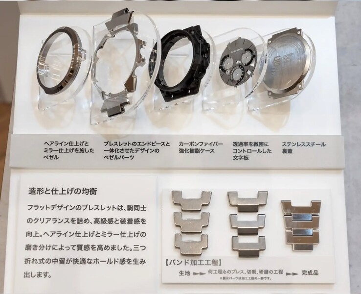 Casio G-Shock GST-W1000 serisi saat, paslanmaz çelik çerçeve, kordon, karbon fiber kasa, kadran ve paslanmaz çelik arka kapağı gösterecek şekilde sökülmüş halde sergilenmektedir.