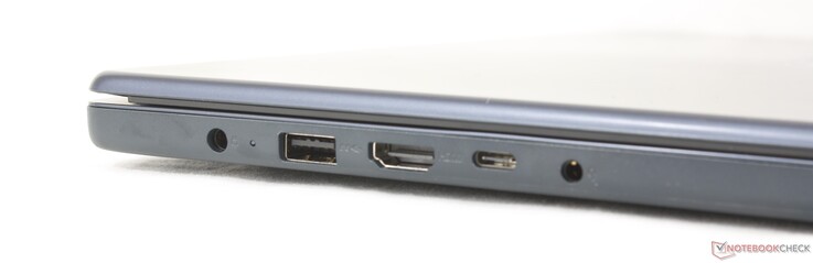 Sol: AC adaptörü, USB-A (5 Gbps), HDMI 1.4, Power Delivery 3.0 ve DisplayPort 1.2 özellikli USB-C (5 Gbps), 3,5 mm kulaklık girişi