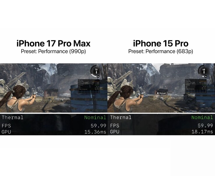 Tomb Raider performans modu karşılaştırması iPhone 17 Pro Max ve iPhone 15 Pro'da dahili çözünürlük, FPS ve termal ölçümlerle oynanışı gösteriyor