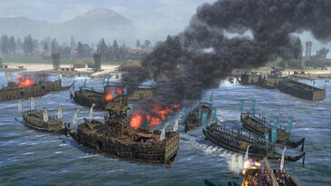 Total War: Shogun 2'de bir deniz savaşını gösteren bir görsel.