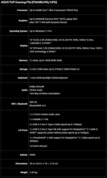 Asus TUF Gaming F16 (FX608LMG/ LPG) özellikleri