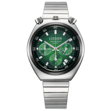 Yeşil degrade kadrana sahip Citizen Tsuno Chronograph AN3714-76W'nin önden görünümü.
