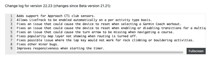 Garmin Fenix 8 için beta sürüm 22.23'ün sürüm notları