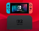 Yukarıda gösterilen orijinal Nintendo Switch, Switch 2 dock'un yanında