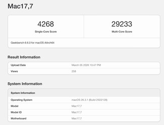 Apple M5 Max SoC için Geekbench 6 sonuçları.