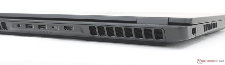 Arka kısım: AC adaptörü, 2x USB-A (10 Gbps), USB-C w/ DisplayPort 2.1 + Power Delivery 3.1 (10 Gbps), HDMI 2.1