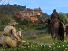 Kingdom Come'da bir kaleyi ve karakterleri gösteren bir görüntü: Deliverance oyununda.
