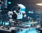 Endüstriyel bir çalışma alanında kurgusal bir robotun tasviri
