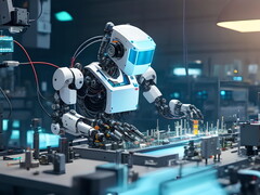 Endüstriyel bir çalışma alanında kurgusal bir robotun tasviri