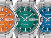 Turuncu, turkuaz ve parlak mavi renklerdeki üç adet Casio MTP-E740 saat, altındaki gün ve tarih çarklarını gösteren yarı saydam kadranlarıyla yan yana gösterilmiştir.