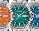 Turuncu, turkuaz ve parlak mavi renklerdeki üç adet Casio MTP-E740 saat, altındaki gün ve tarih çarklarını gösteren yarı saydam kadranlarıyla yan yana gösterilmiştir.