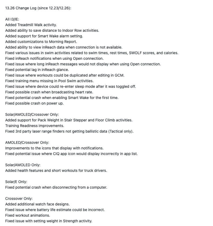 Garmin sistem yazılımı 13.26 için değişiklik günlüğü