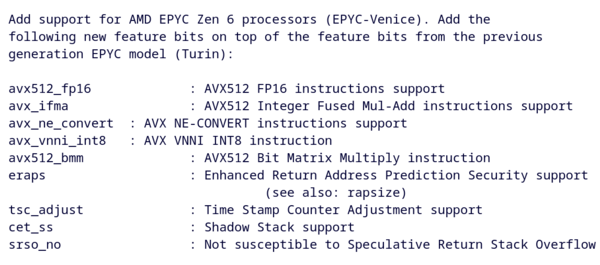 Ben Cheatham’ın QEMU yamasına ait commit mesajı; burada Epyc-Venice için eklenen yeni özellik bitleri listelenmektedir.