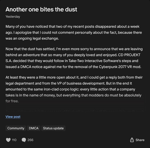 Luke Ross'un Cyberpunk 2077 VR modunun kaldırılmasına ilişkin Patreon gönderisi (Görsel kaynağı: ekran görüntüsü, Luke Ross Patreon)