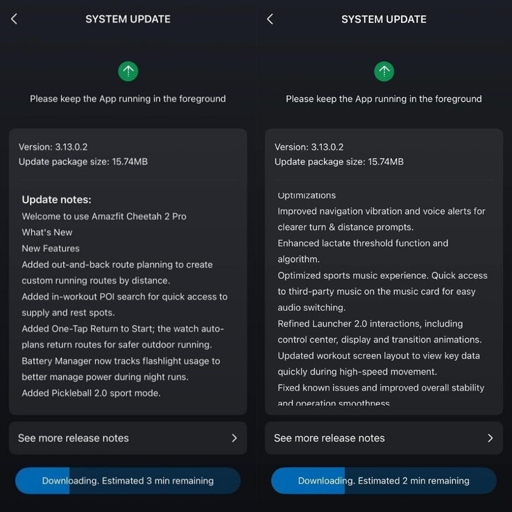 Amazfit Cheetah 2 Pro fw 3.13.0.2 için sürüm notları