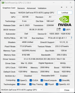 GPU-Z Nvidia GeForce RTX 4070 Dizüstü Bilgisayar
