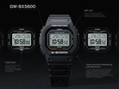 Casio G-Shock GW-BX5600 saat, MIP LCD ekranı, iki yazı tipi stili, Tough Solar güç kaynağı, Bluetooth bağlantısı ve Multiband 6 radyo kontrollü zaman tutma özelliğini vurgulayan açıklamalarla gösterilmiştir.