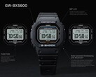 Casio G-Shock GW-BX5600 saat, MIP LCD ekranı, iki yazı tipi stili, Tough Solar güç kaynağı, Bluetooth bağlantısı ve Multiband 6 radyo kontrollü zaman tutma özelliğini vurgulayan açıklamalarla gösterilmiştir.
