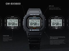 Casio G-Shock GW-BX5600 saat, MIP LCD ekranı, iki yazı tipi stili, Tough Solar güç kaynağı, Bluetooth bağlantısı ve Multiband 6 radyo kontrollü zaman tutma özelliğini vurgulayan açıklamalarla gösterilmiştir.