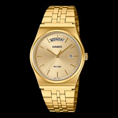 Casio MTP-B146G-3AV saat; altın iyon kaplamalı paslanmaz çelik kasa ve bilezik, altın rengi kadran, saat 12 konumunda gün göstergesi ve saat 3 konumunda tarih penceresi ile donatılmıştır.