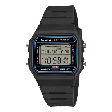 Siyah kasalı, reçine kayışlı ve saat kadranının çevresinde mavi bir vurgu halkası bulunan Casio F-B100W-1A.