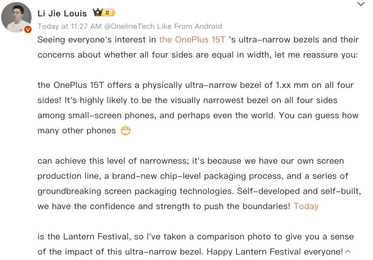 OnePlus Çin Başkanı, 15T'nin ekran çerçevelerine ilişkin ayrıntıları paylaştı.