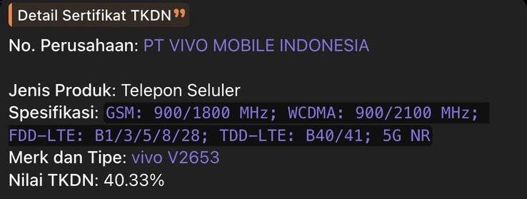 Vivo X500 FE'nin TKDN kaydı.