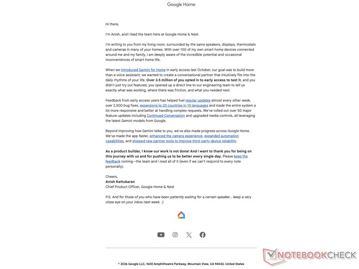 Ürün Direktörü'nden gelen Google Home e-postası.