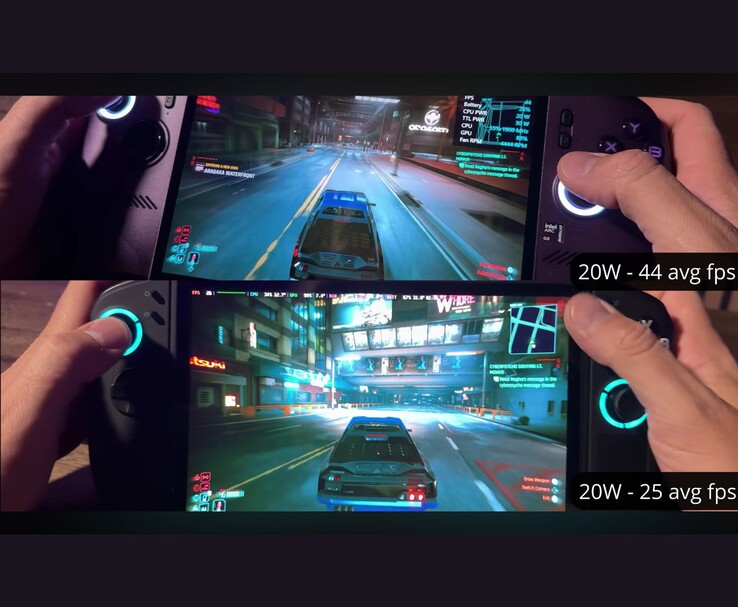 MSI Claw 8 AI+ ve Lenovo Legion Go 2, 20 W güç tüketimiyle Cyberpunk 2077'yi çalıştırırken sırasıyla 44 FPS ve 25 FPS performans sergiledi.