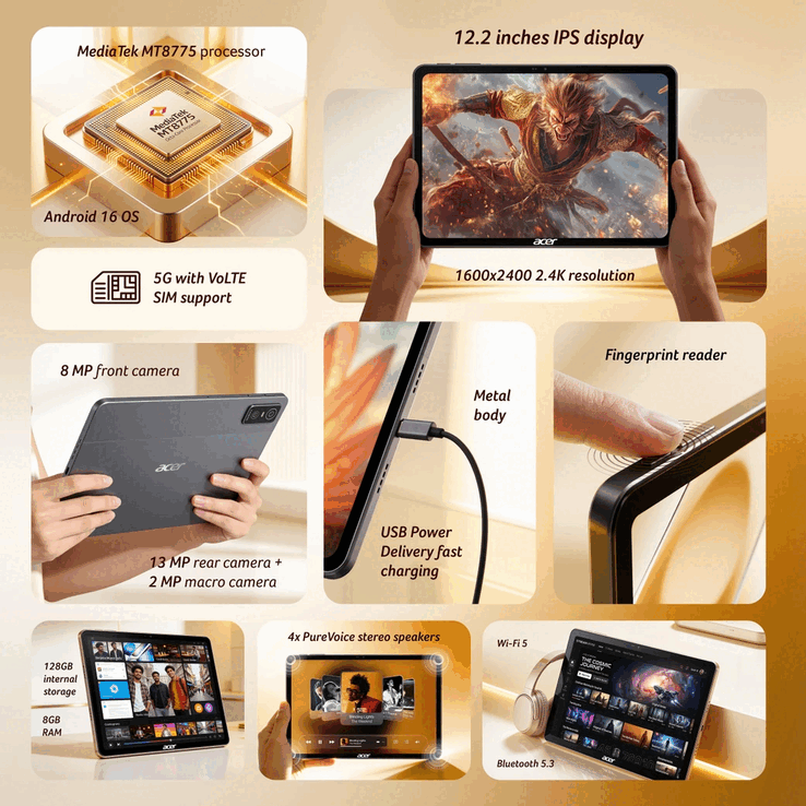 Acer Iconia Tab 12 5G temel teknik özellikleri, ekranı, kameraları, bağlantı seçenekleri ve donanım özellikleri