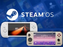 Arka planda Steam OS logosu varken görüntülenen Konkr Pocket Fit G3 ve Ayaneo Pocket S2 Pro