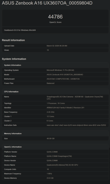 Snapdragon X2 Elite X2E-96-100 Geekbench GPU performansı
