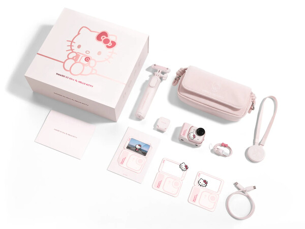 Insta360 Go Ultra Hello Kitty Edition pembe aksesuarlarla birlikte gelir.