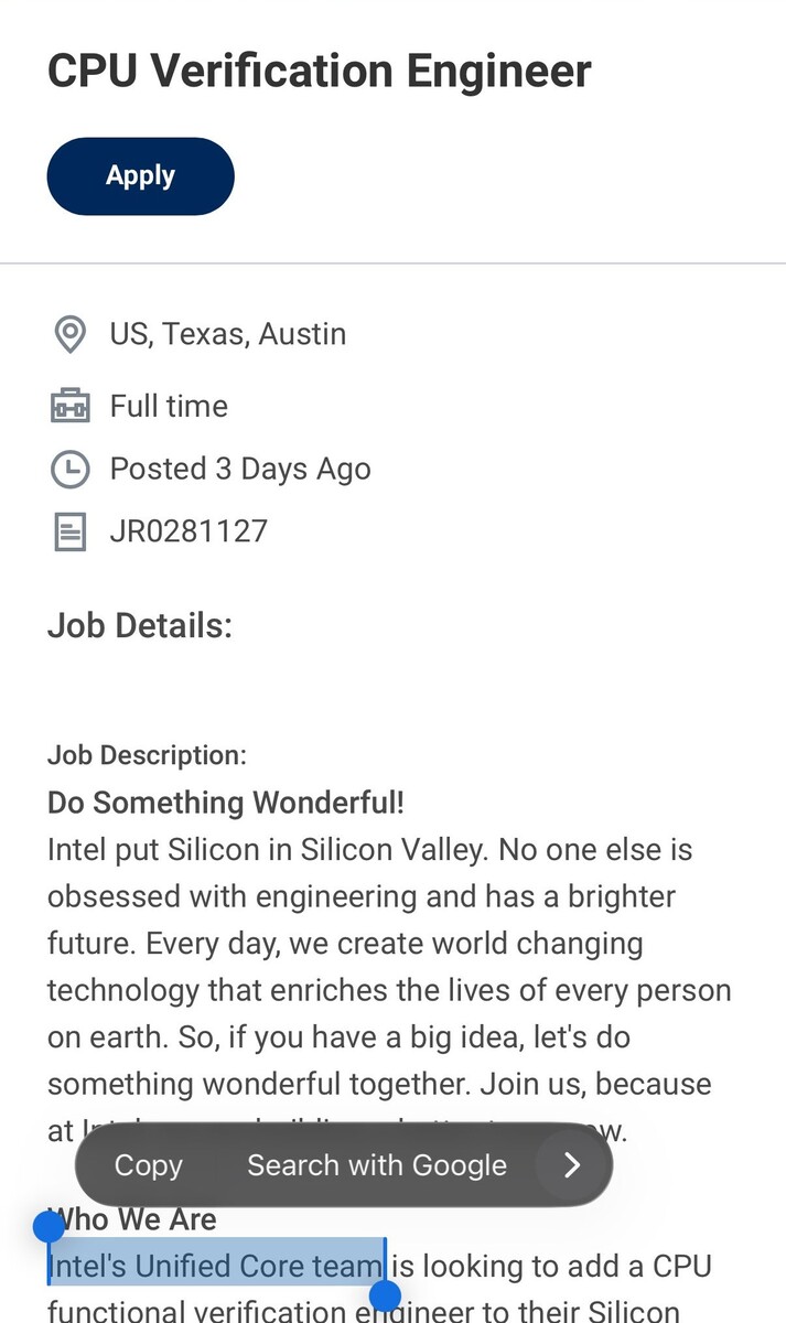 Intel, Birleşik Çekirdekler üzerinde çalışacak bir mühendis arıyor