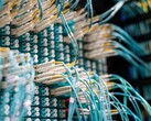 Veri merkezindeki bir patch paneline takılı, beyaz konektörlü mavi fiber optik kablolar